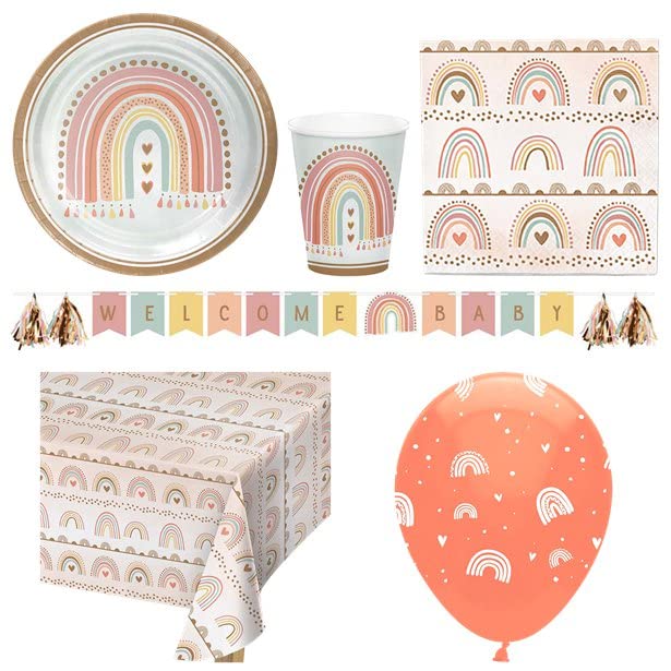 Vaisselle jetable Boho Rainbow kit anniversaire fille assiettes carton et gobelets