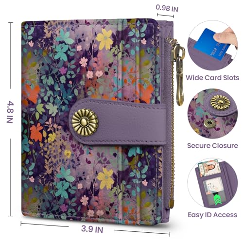 Image of Small Wallet for Women, RFID Blocking Bifold Card Holder Wallet with 10 Card Slots, Cash Compartment, Zipper Coin Pocket & ID Window, Cute Soft Vegan Leather Compact Wallet, Violet