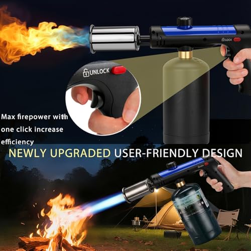 Image of Propane Torch Gun With One-Touch Max Fire, Adjustable Kitchen Torch, Powerful Propane Torch With Many Safety Features(Tank Not Included)-Blue