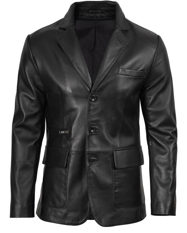 Image of Blingsoul Mens Leather Blazer Jacket - Real Lambskin Sport Coat with Notch Lapel Collar