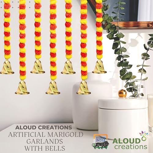 Image of ALOUD CREATIONS 5Pc Handmade Artificial Marigold Flowers with Bell Hanging | Latkan Toran for Home, Office, Festival, Pooja Room | Artificial Flower Backdrop for Decoration | 5 Feet Length (60 inch)