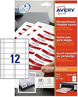 Avery L4726-20 Printable Name Badge Insert Refills (75 x 40 mm Inserts, Pack of 240) - White