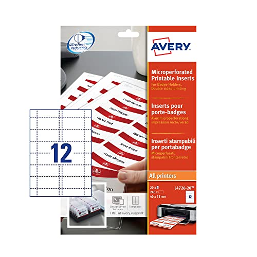 Avery L4726-20 Printable Name Badge Insert Refills (75 x 40 mm Inserts, Pack of 240) - White,Package May Vary