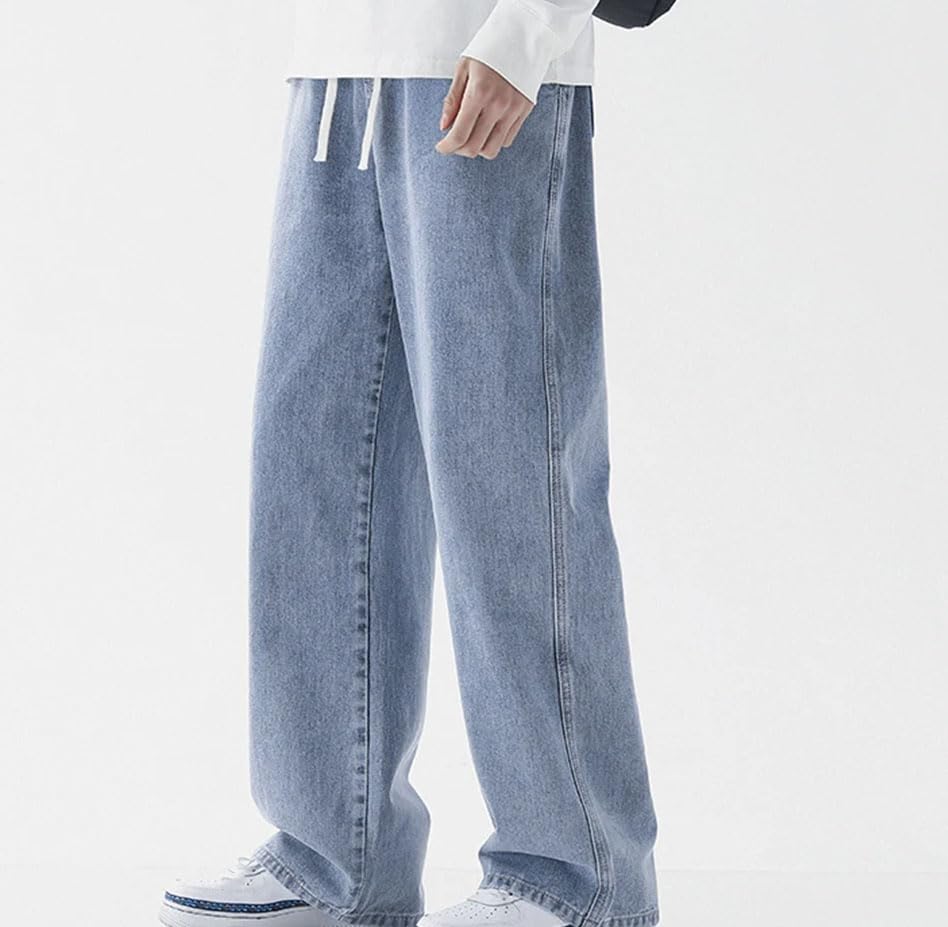 Men’S Baggy Jeans Mid Waist Straight Fit Denim Pants Korean Style Casual Wide Leg with Zipper Fly and Pockets4