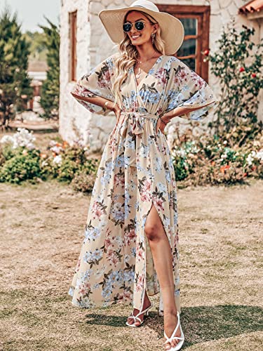 Image of ANRABESS Womens 1 /2 Sleeve Beach Wedding Guest Maxi Dresses 2026 Summer Wrap V Neck Boho Floral Flowy Slit Long Dresses