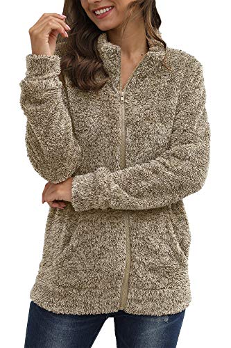 Women Fleece Long Sleeve Sherpa Soft Full Zip Fuzzy Jacket Warm Pockets Fluffy Coat Coffee XL