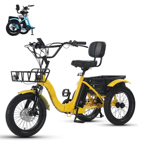 EaThsalL 18 E BIK Klappbar Elektro Dreirad für Erwachsene 3 Rad Elektrodreirad mit Gepäckkorb Breitreifen für Erwachsene Zusammenklappbar, Leichter Einstieg 120 kg Tragkraft Yellow