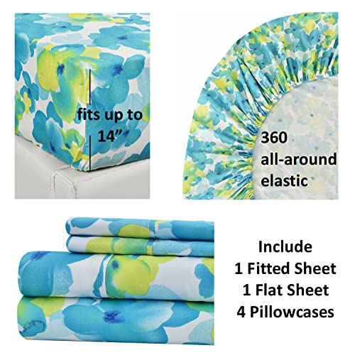 American Home Collection 6 Piece Print Bedding Sheets & Pillowcases Set Brushed Microfiber Wrinkle Free 14 Inches Deep Pocket Blue & Green Patterned Sheets (Full, Watercolor Floral) #TOP5