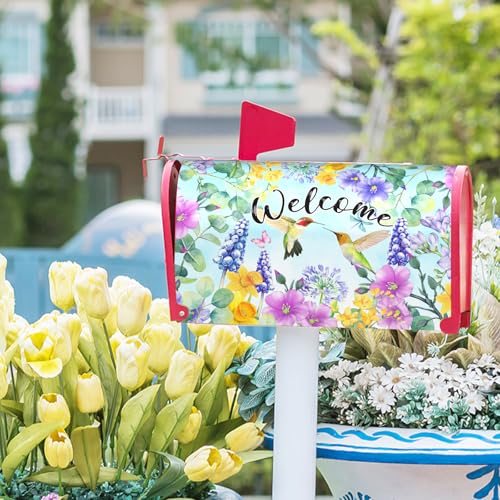 Image of Spring Summer Flowers Mailbox Covers Magnetic Large Size 25x21 Inch Cherry Blossom Mailbox Cover Spring Hummingbird Mailbox Wraps Post Letter Box Cover Decoration for Outdoor Garden Home Yard Outside