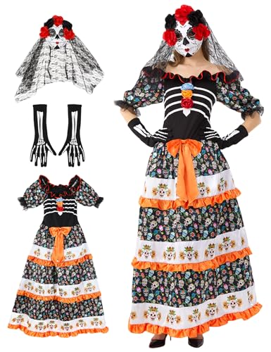 Opemon 3pcs Day of the Dead Costumes for Women Halloween Cosplay Mask with Face Tattoos Skeleton Flower Dress XL