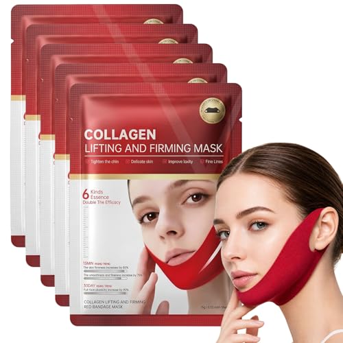 Pack de 5 Mascarillas Efecto V Line para Elevar y Definir Papada & Cuello – Con Ácido Hialurónico, Aloe Vera, Cica (Centella Asiática) – Contorno Facial Marcado, Piel más Firme y Tensa