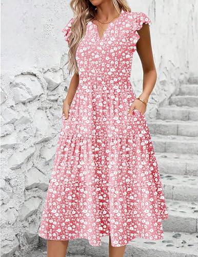 Image of ZEAGOO Womens Summer Casual Dresses Ruffle Sleeve V Neck Midi Dress Flowy Tiered Dress with Pockets Boho Sundresses