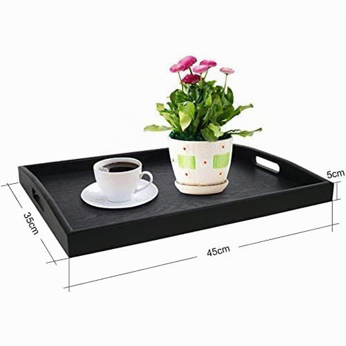 Grande vassoio rettangolare in legno con grande manico in legno nero (45 x 35 cm)