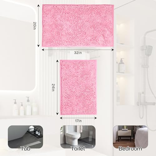 Image of Bathroom Rugs Sets 2 Piece Washable, Luxury ,Chenille Bath Mat Set, Soft Plush Anti-Slip Rectangular Bath, Rug Super Absorbent. (Pink, 32 inchx20 inch+24 inchx16 inch)