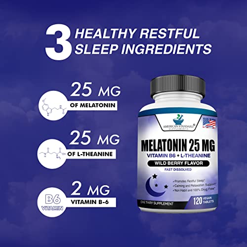 Melatonin 25mg Per One Tablet, 120 Chewable Tablet with L-Theanine & Vitamin B-6, Supports Healthy Sleep Cycle , Promotes Calming & Restful Sleep, Vegan, NON GMO, Made In USA - Thumbnail 5