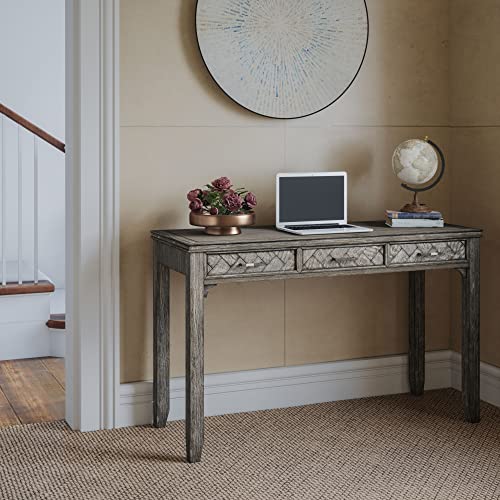 Image of Jofran Mid-Century Modern Acacia Wood Writing Desk with 3 Drawers and USB Charging Port, 48 Inch Computer Desk for Home Office Work, Platinum