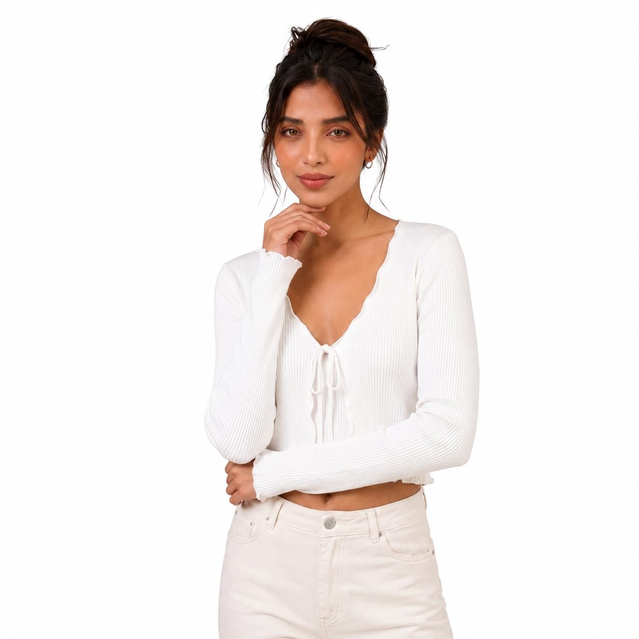 Women's White Ribbed Shrug, Long Sleeve V-Neck Tie-Front-image-45