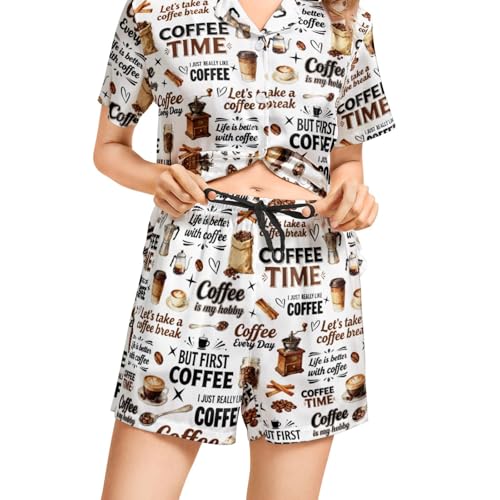 Image of Funny Pajamas for Women Set Print Satin Loungewear Pjs Short Sleeve Button Down Top and Shorts Sets Sleepwear XS-3XL