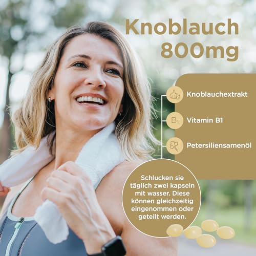 Healthspan Knoblauch 800 mg | Herzgesundheit | Zusatz von Vitamin B1 | Zusatz von Petersilienöl für die Neutralisierung des Geruchs | Vegan | 180 Kapseln