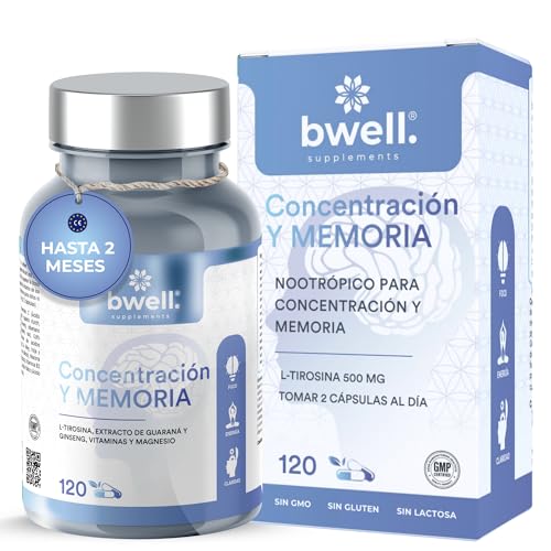 Nootrópico Natural para Concentración y Memoria - 120 Cápsulas de Energía + Enfoque y Agilidad Mental con Vitaminas + L-Tirosina + Aminoácidos+ Guaraná y Ginseng - Sin Gluten ni GMO| BWELL SUPPLEMENTS