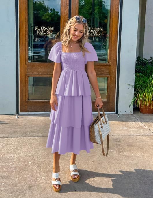 ZESICA Women's Summer Puff Sleeve Midi Dress 2026 Casual Flowy A Line Tiered Wedding Guest Beach Vacation Long Dresses - Image 4