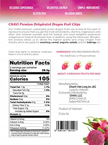 CHAVI Dragon Fruit Chips - Pack of 3 x 2 Oz - Healthy 1 Ingredient Superfood Snack - No Added Sugars or Preservatives - Non-GMO, Vegan, Gluten-Free (Pack of 3)…