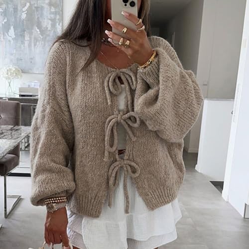 Image of Women Knitted Tie Front Cardigan Tops Casual Knitwear Top Long Sleeve Open Front Baggy Sweater Y2k Girls Outwear