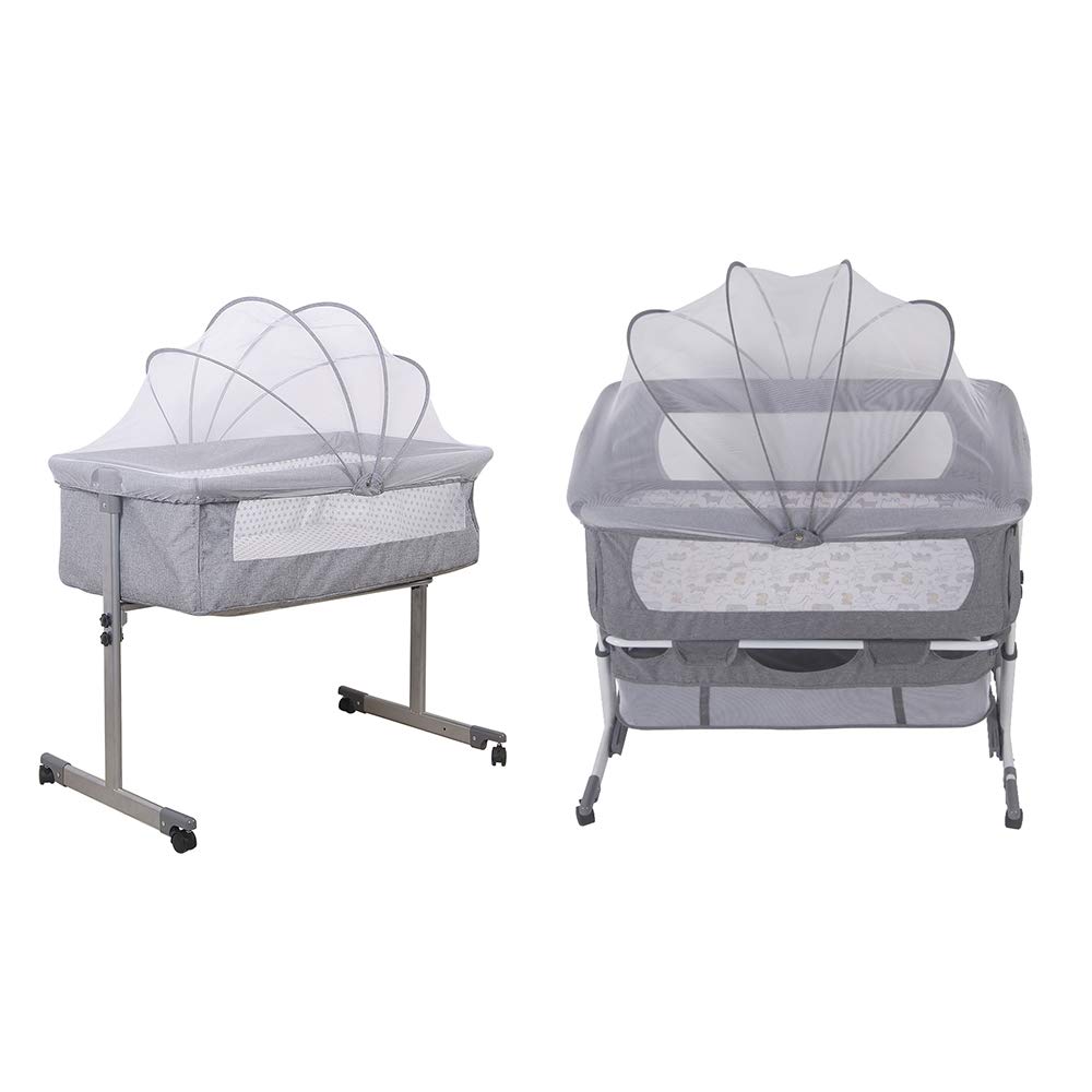 3 in 1 culla neonato Rete per Lettino Pieghevole Pieghevole, Lettino Co-Sleeping, Regolabile, Facile da Montare, Circolazione d'aria, Ruote Oscillanti, Materasso-92*58*70-90 cm-bianco sporco