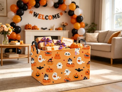 Image of Sanjiaofeng Rectangular Cat Halloween Basket Spooky Storage Bins,Gloomy Storage Basket with Handles.Clothers,Books,Party Gifts Bins.Halloween Party Baskets(Cute Cat)
