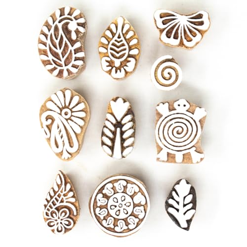 Image of Wooden Stamp Block, Printing Stamp Design Set | Block for Printing Saree Border | Dresses, Craft Card Making, Scrapbook, Clay Pottery | Set of 10