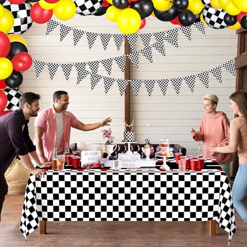 Image of WNINK 3 PCS Racing Car Theme Tablecloths Car Disposable Plastic Tablecloths Black Checkered Flag Table Covers Racetrack Rectangular Tablecloth for Race Car Birthday Party Decorations, 54 x 108 Inch