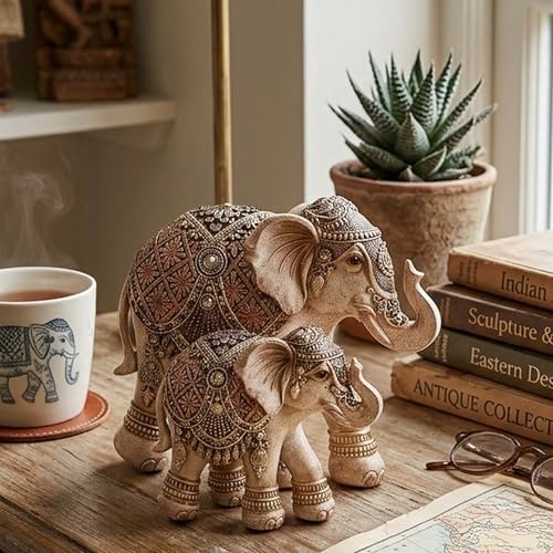 Smadeer Elefanten Deko Figur Set Mutter & Kind Elefantenpaar als Glücksbringer Handgefertigte Skulptur im Boho-Stil aus Polyresin Dekofigur für Wohnzimmer Regal & Büro Edles Geschenk
