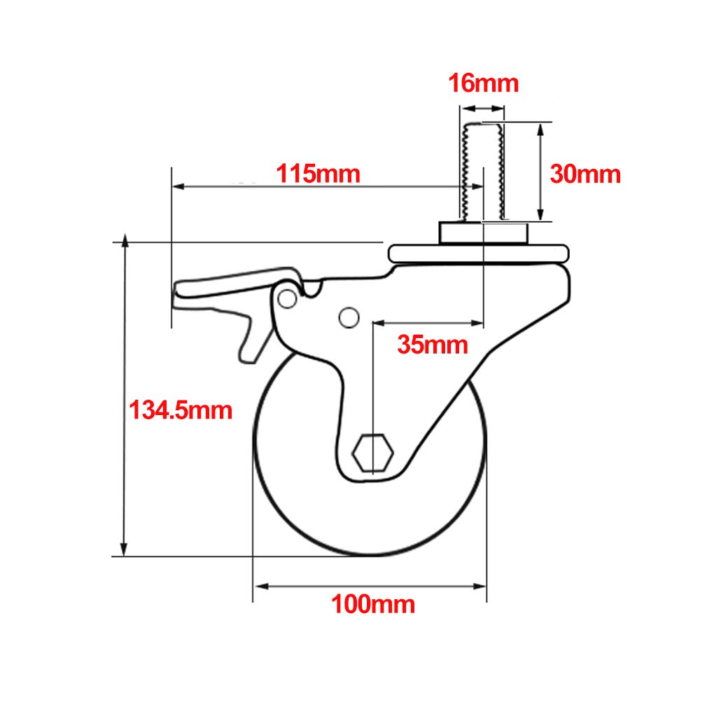 4x Lenkrollen,Möbelrollen,Transportrollen,Schwerlastrollen,M14 / M16 Drehbare Gewindestange,Mit Bremse,Maximale Tragfähigkeit 344 kg