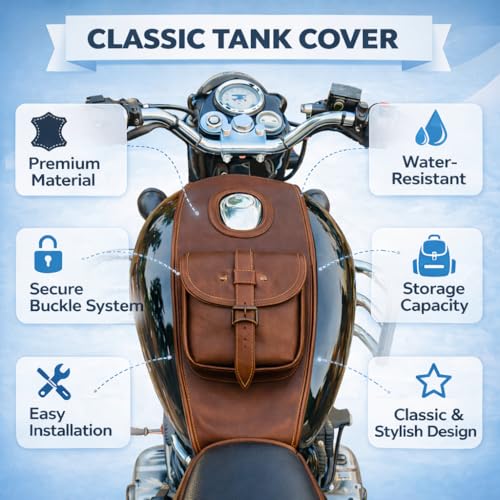 Image of Bike Petrol Tank Cover Brown PU Rexine Water Proof Pocket Cover for RE Classic All Model's 1