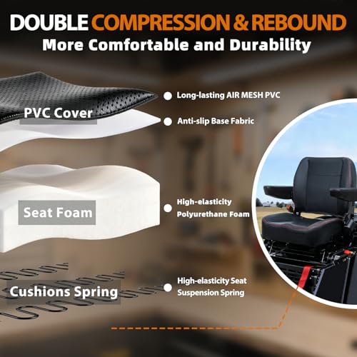 Image of Universal Forklift Seat, Fold Down Tractor Seat with Adjustment Armrest, Safety Belt and Operator Position Switch, Excavator Skid Loader Backhoe Dozer Telehandler