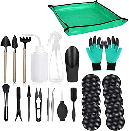 MEETOZ Juego de herramientas para suculentas de jardín - 26 mini herramientas de mano de jardín, 1 alfombrilla impermeable y plegable para plantas y repotentes, jardín, cuidado de plantas Cover