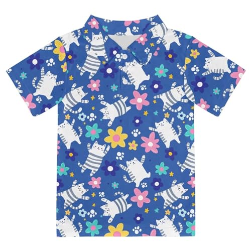 Warmkitty Blue Funny Cats Print Girls & Boys Polo Shirt Cute Comfortable Short Sleeve Hawaiian Shirt 3-12 Years Kids