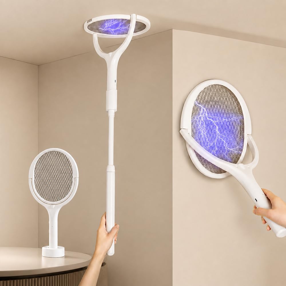 Electric Fly Swatter, Afenau 3500V Electric Fly Zapper with Vertical Base, 90° Rotation Bug Zapper, Retractable Fly Killer Electricc, USB Rechargeable Electrics Fly Killers for the Indoor & Outdoor