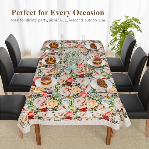 Image of Kuber Industries 60x90 Inch PVC Dining Table Cover 6 Seater Waterproof | Indoor and Outdoor Dining Table Cover /Sheet for Party and Events | Rose Design - White