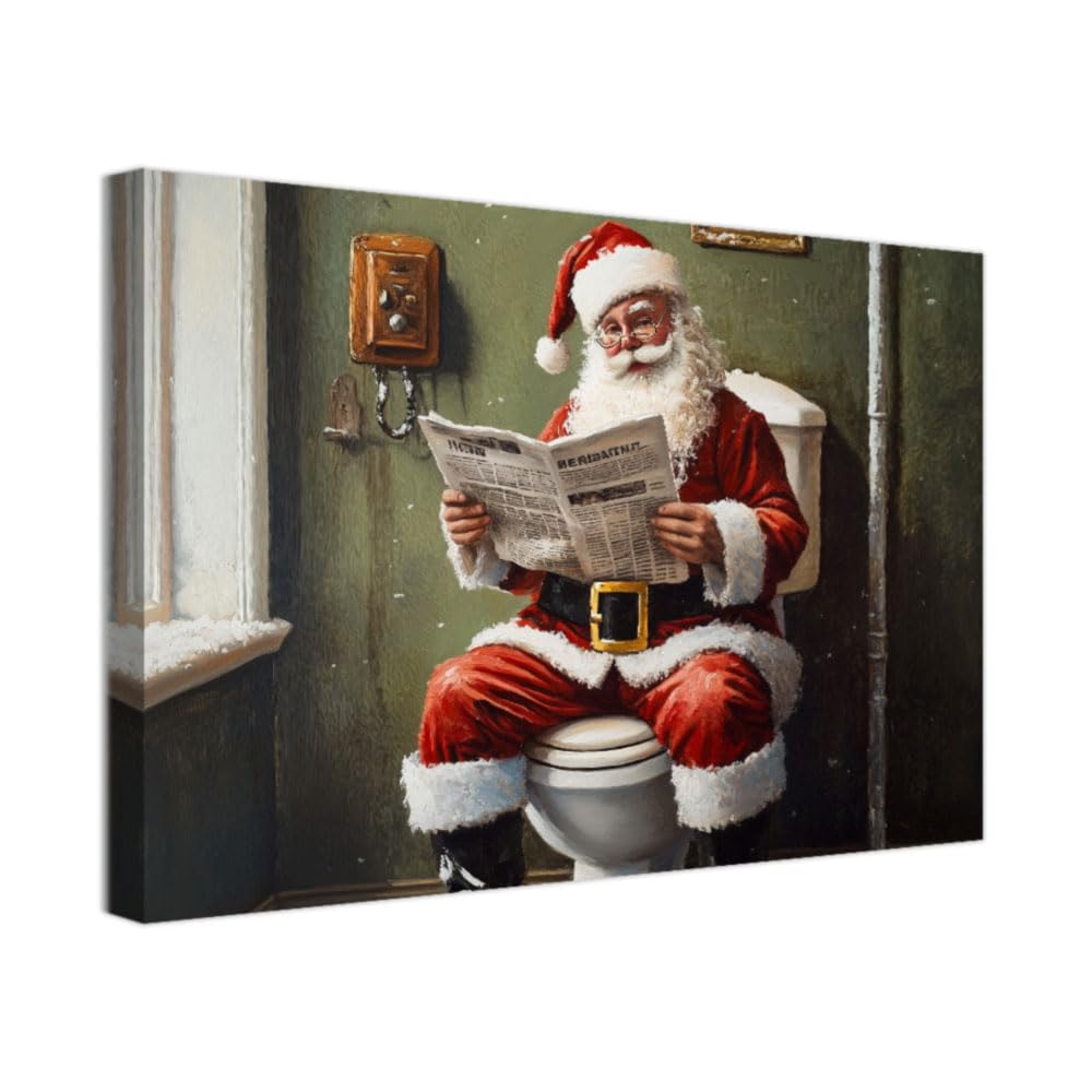 ZXHYWYM Santa Claus Wall Art Christmas Wall Decor Funny Bathroom Toilet Pictures Canvas Santa Bathroom Art Prints Santa on Toilet Poster Framed (White, (60.00 x 90.00 cms))