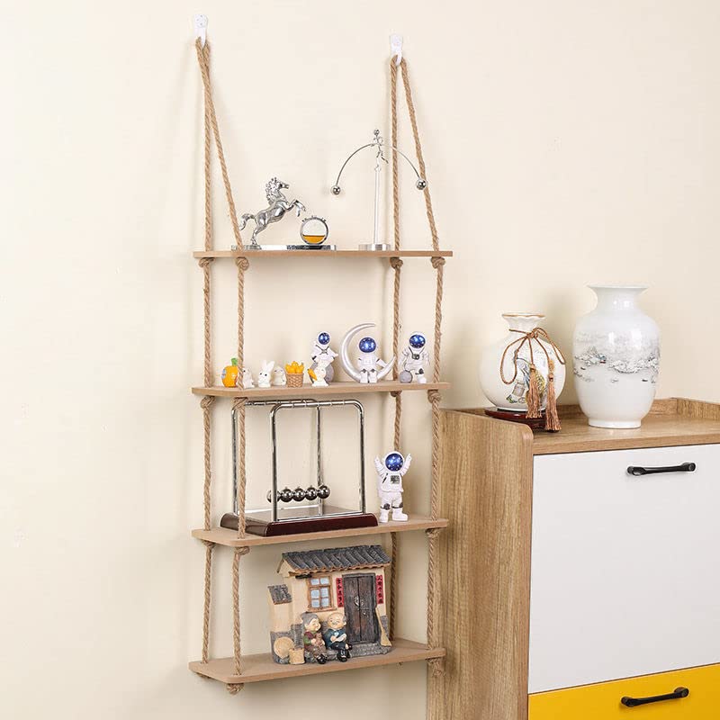 Homezone Scaffale Sospeso Vintage 3 Ripiani – Mensole In Legno Con Corda Rustica, Stile Shabby Chic, 50x15 Cm