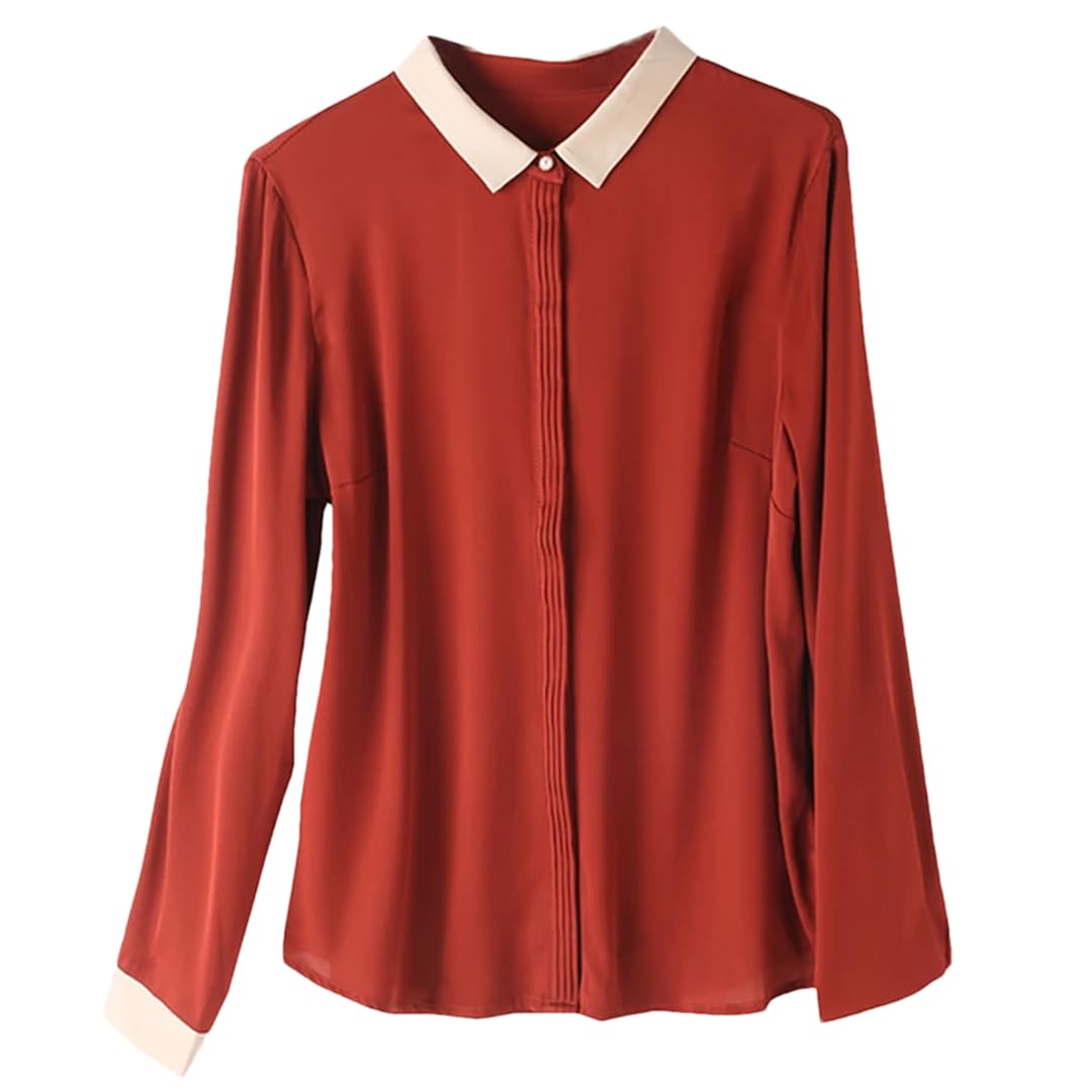 Camisas de manga larga con solapa de seda para mujer, ajustadas, holgadas, simples, lisas, para oficina, camisas casuales