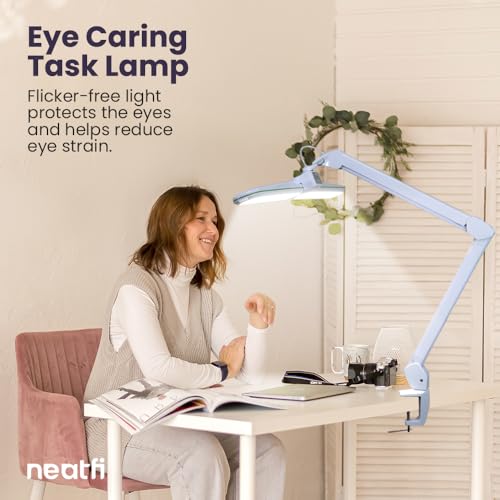 Image of Neatfi Elite HD XL LED Desk Lamp | 3 Light Modes | Non-Polar Dimming | 17 Inches Wide | Eye-Caring Desk Light for Home Office, Drafting, Beauty Shop, Workbench (Green Ring, CCT with Clamp)