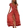 PRETTYGARDEN Women's Casual Long Summer Dresses Boho Floral Wrap V Neck Short Sleeve Split Maxi Beach Dress (Red -1,Medium)