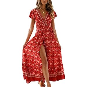 PRETTYGARDEN Women's Casual Long Summer Dresses Boho Floral Wrap V Neck Short Sleeve Split Maxi Beach Dress (Red -1,Medium)