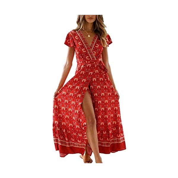 PRETTYGARDEN Women's Casual Long Summer Dresses Boho Floral Wrap V Neck Short Sleeve Split Maxi Beach Dress (Red -1,Medium)