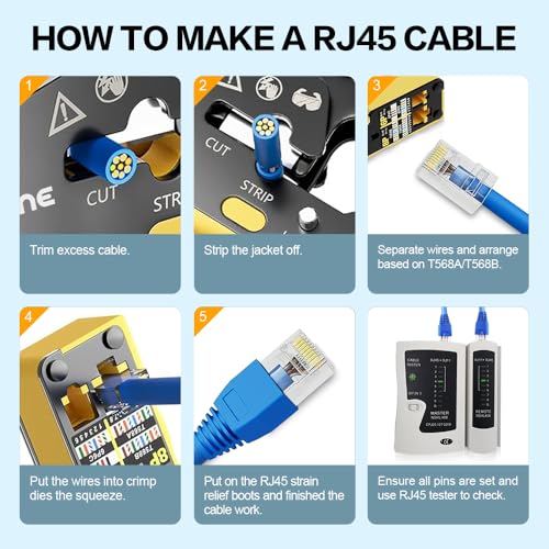 Image of Ethernet Crimping Tool RJ45 /RJ11 Crimp Tools,CAT5 Cat5e Cat6 RJ45 Crimping Tool Kit With Multiply Cable Stripper, Blades,50PCS Cat6 Connectors, 50PCS Boots,Wire Cutter