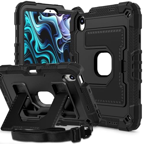 Étui iPad mini 6 antichoc robuste avec porte-crayon et bandoulière réglable noir