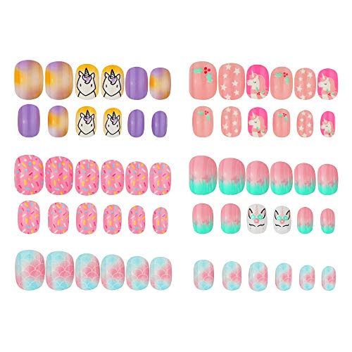 120 Pcs 5 Pack Fashionable Children's False Nails Press on Pre-glue Full Cover Kid Fake Nail Children's Holiday Manicure Set (Unicorn in Summer)