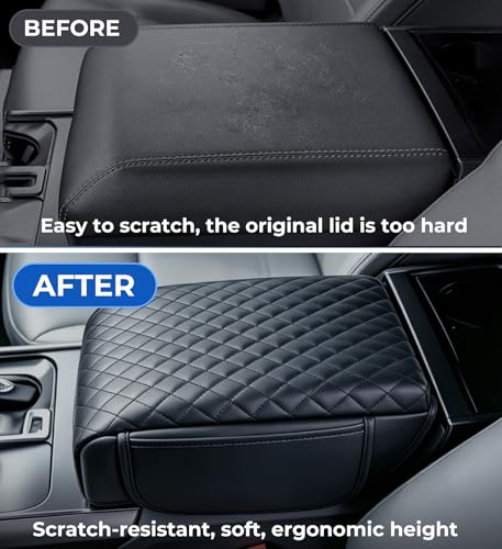 Image of Center Console Cover for Ford F150 2026 2025 2024 2023 2022 2021, Fits Bucket Seat Only, 1.2-Inch Thick PU Leather Armrest Cushion Protector with 2 Side Pockets for 2021-2026 F-150, Black